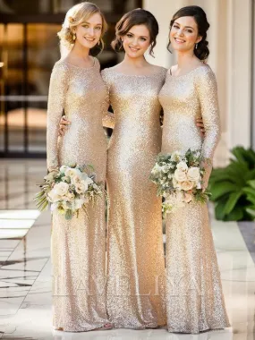 Sheath Scoop Long Sleeves Pleated Floor-Length Sequins Bridesmaid Dress  #DB0067