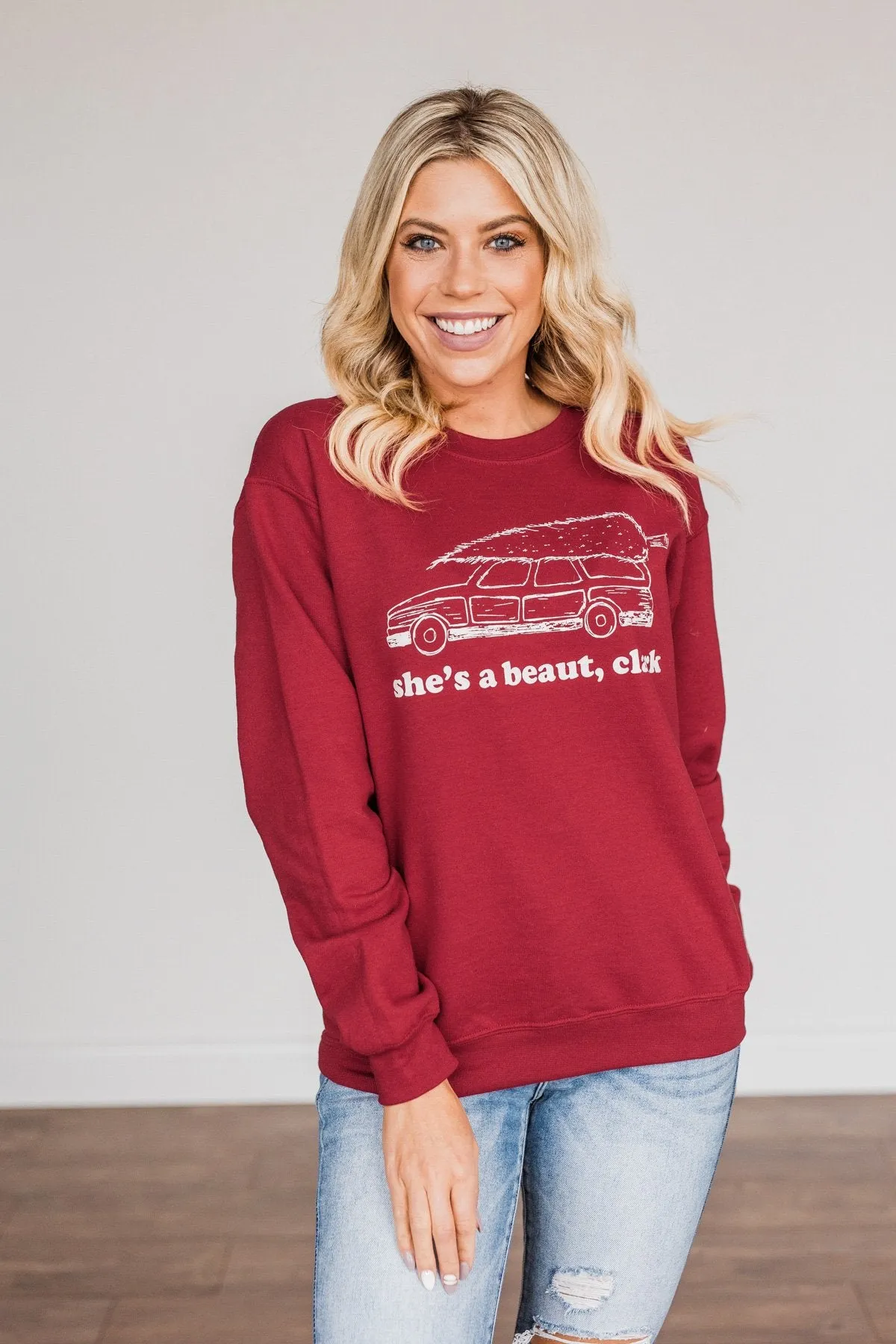 She's A Beaut, Clark Graphic Pullover- Cranberry