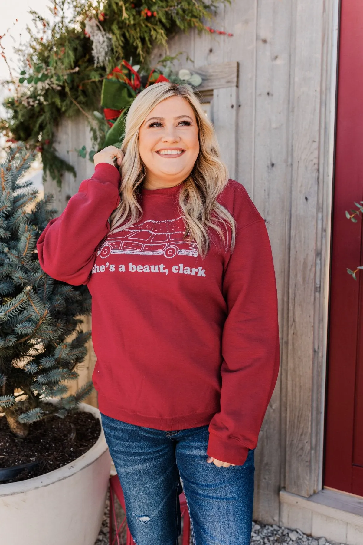 She's A Beaut, Clark Graphic Pullover- Cranberry