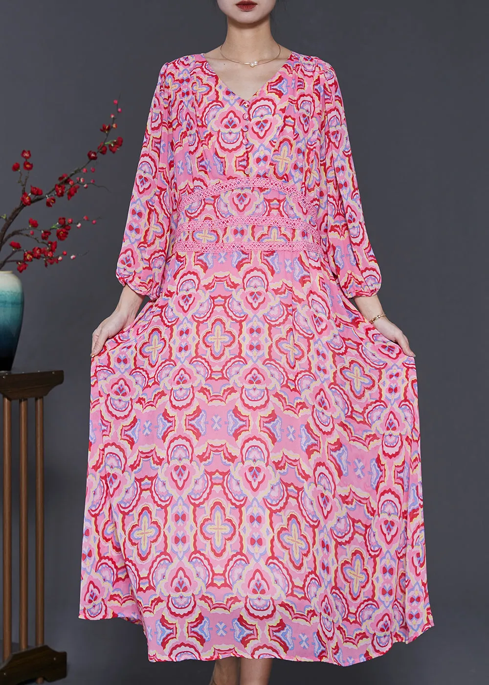 Simple Pink Print Silm Fit Chiffon Dresses Summer