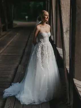 Simple Straight A-line Sleeveless Tulle Lace Long Wedding Dresses, DB10742