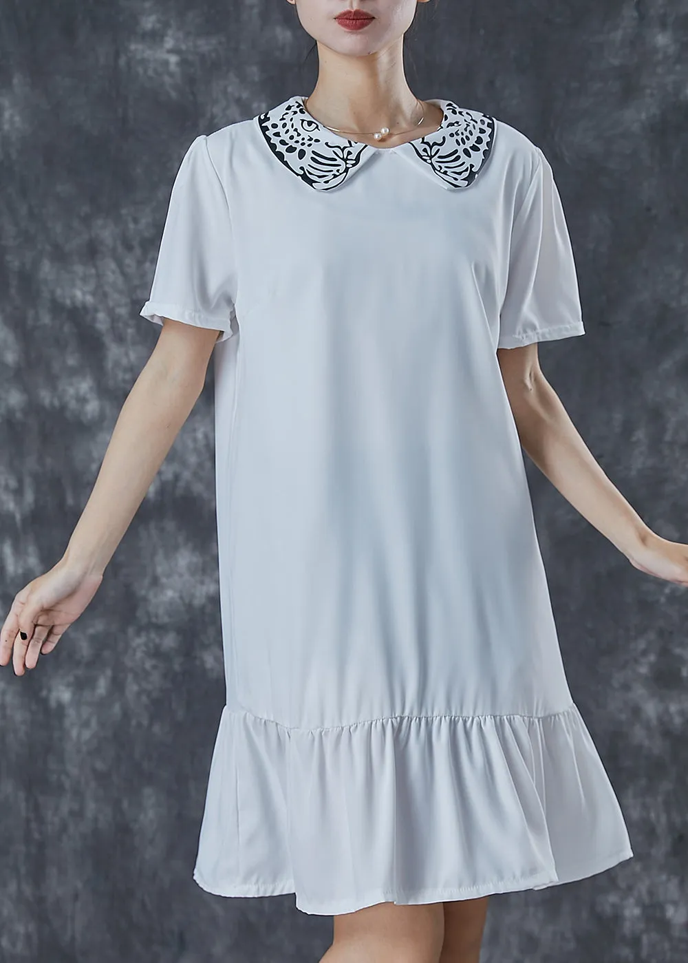 Simple White Peter Pan Collar Print Cotton Mid Dresses Summer