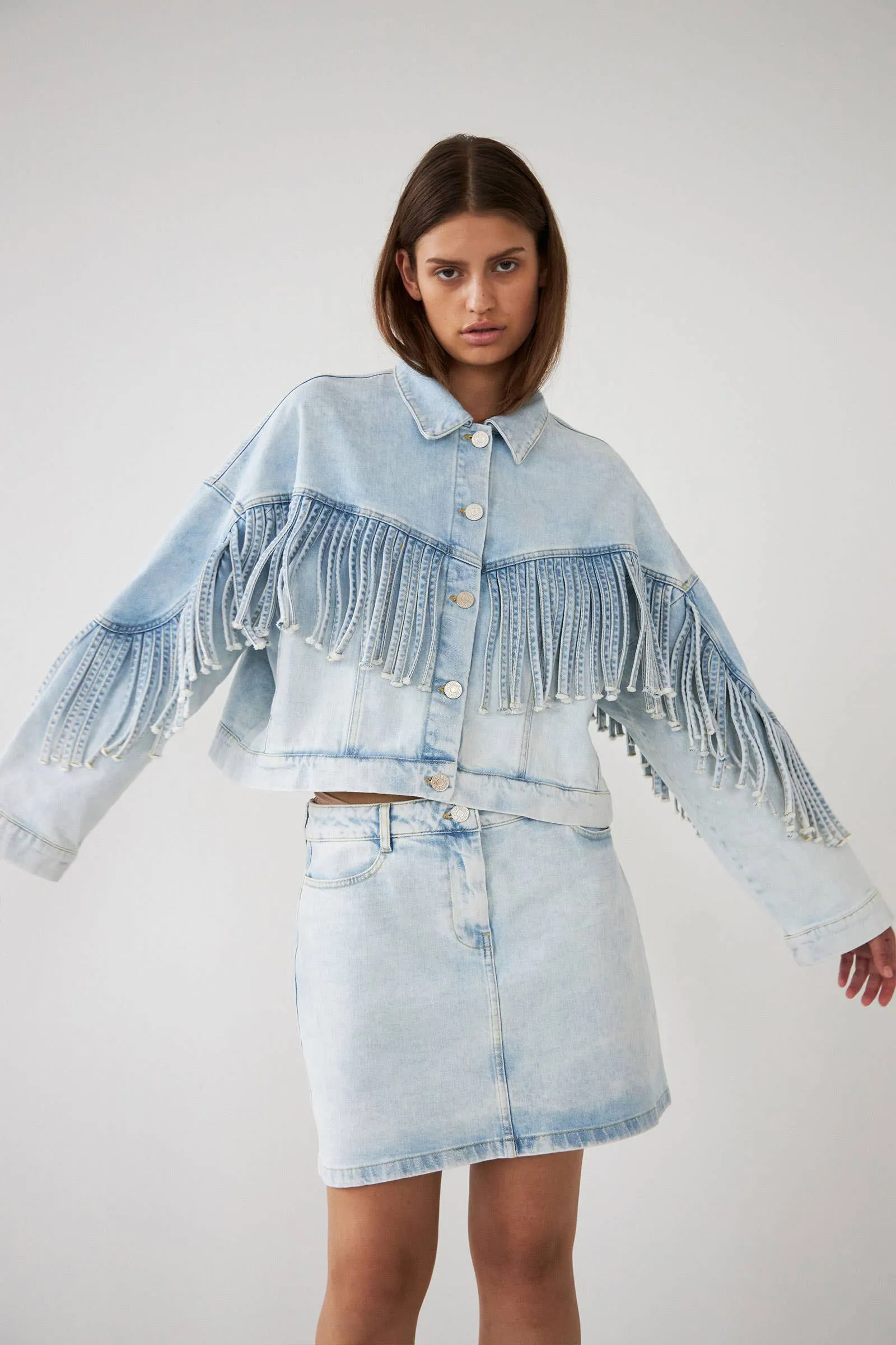 Soft Sky Denim Jacket with Fringes