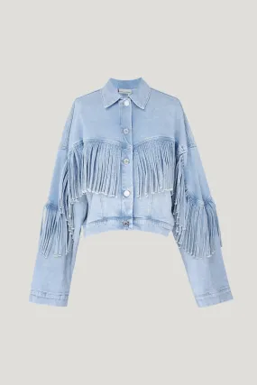 Soft Sky Denim Jacket with Fringes