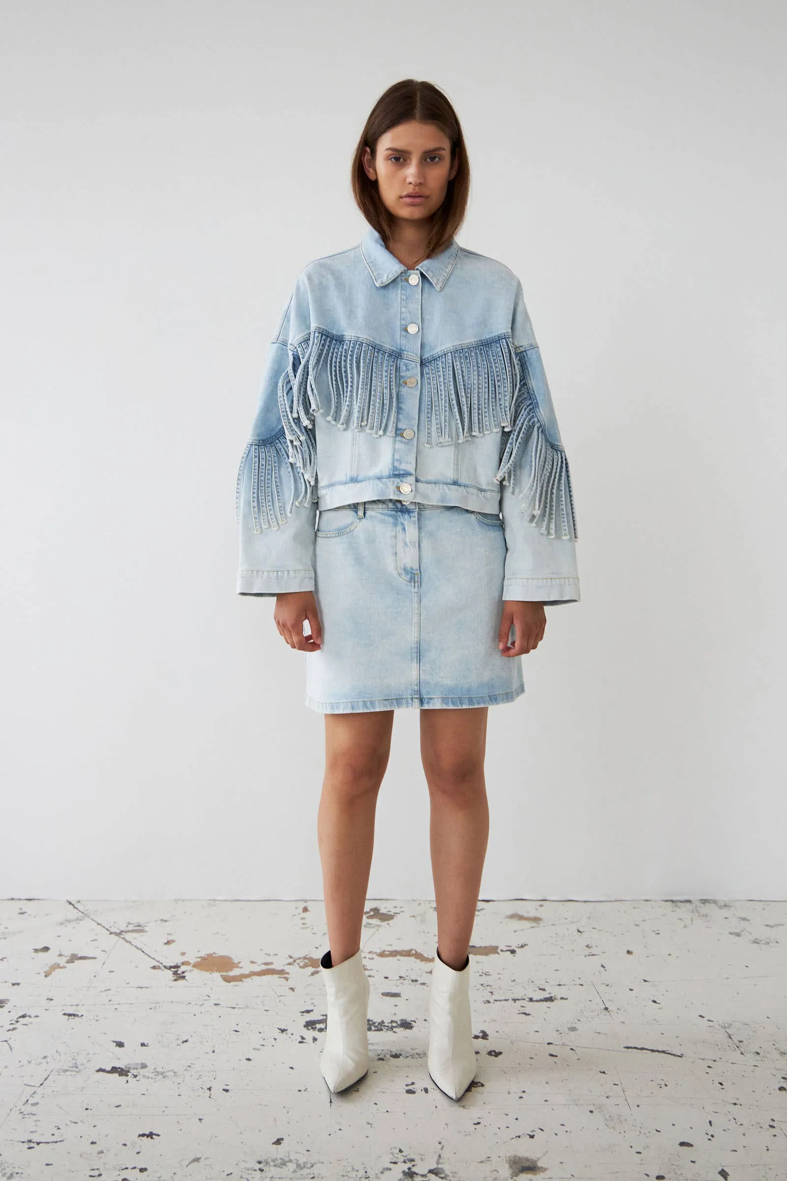 Soft Sky Denim Jacket with Fringes