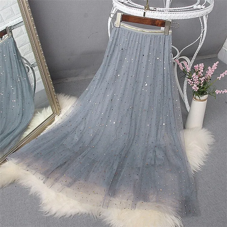 Spring Woman High Waist Sequins Mesh A-Line Pleated Skirts Kawaii Solid Outwear