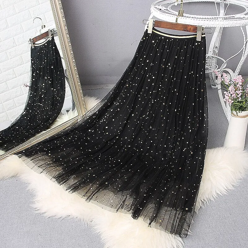 Spring Woman High Waist Sequins Mesh A-Line Pleated Skirts Kawaii Solid Outwear