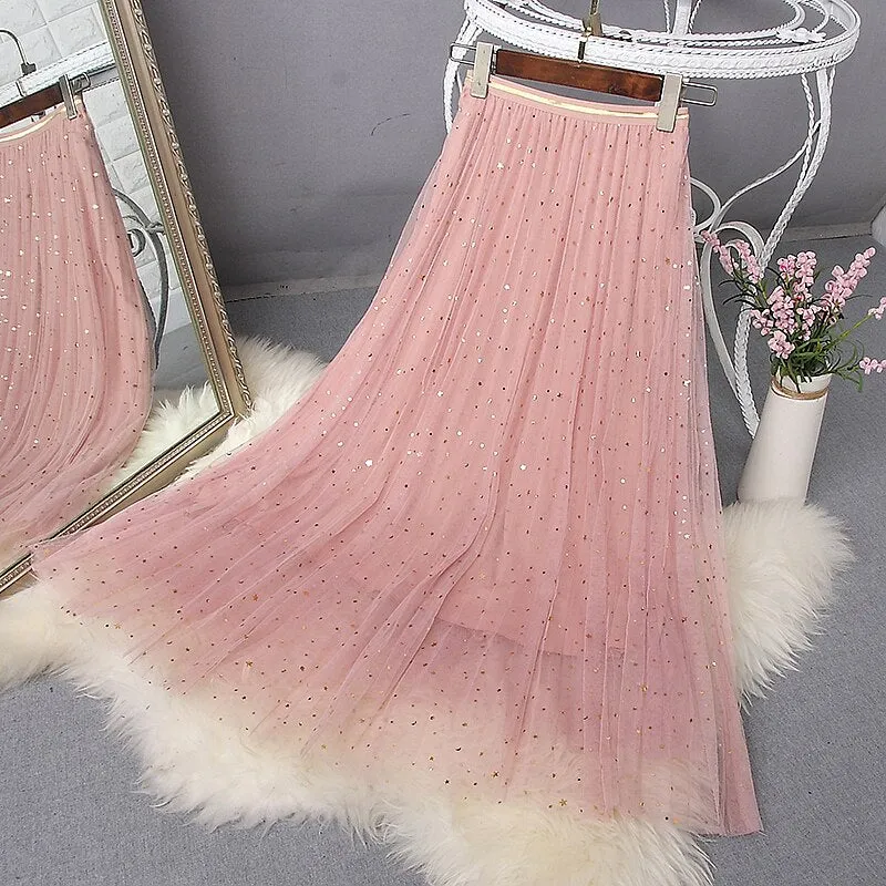 Spring Woman High Waist Sequins Mesh A-Line Pleated Skirts Kawaii Solid Outwear