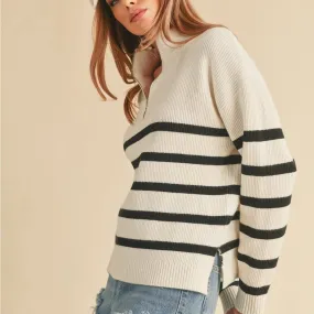 Stripe Rib Half Zip in Black and White Stripe