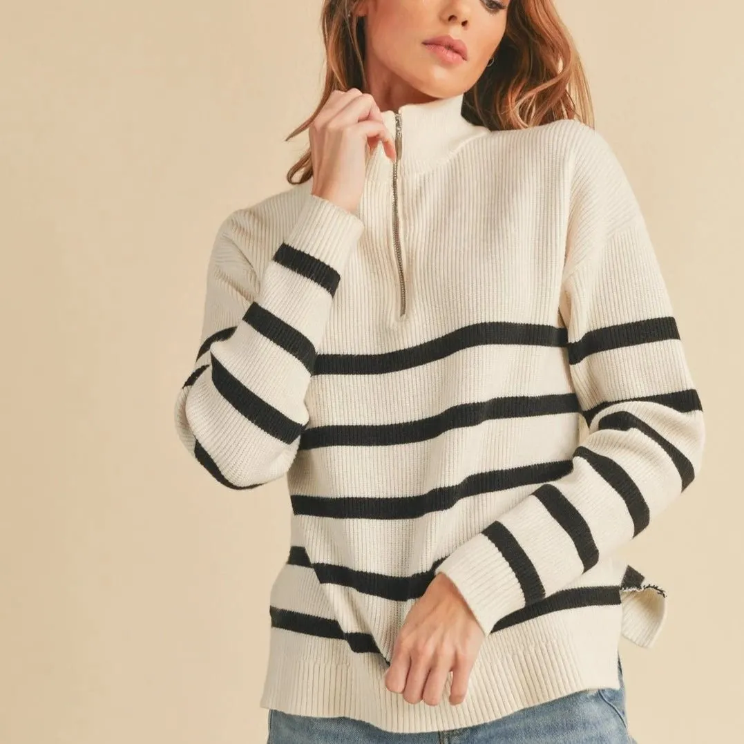 Stripe Rib Half Zip in Black and White Stripe