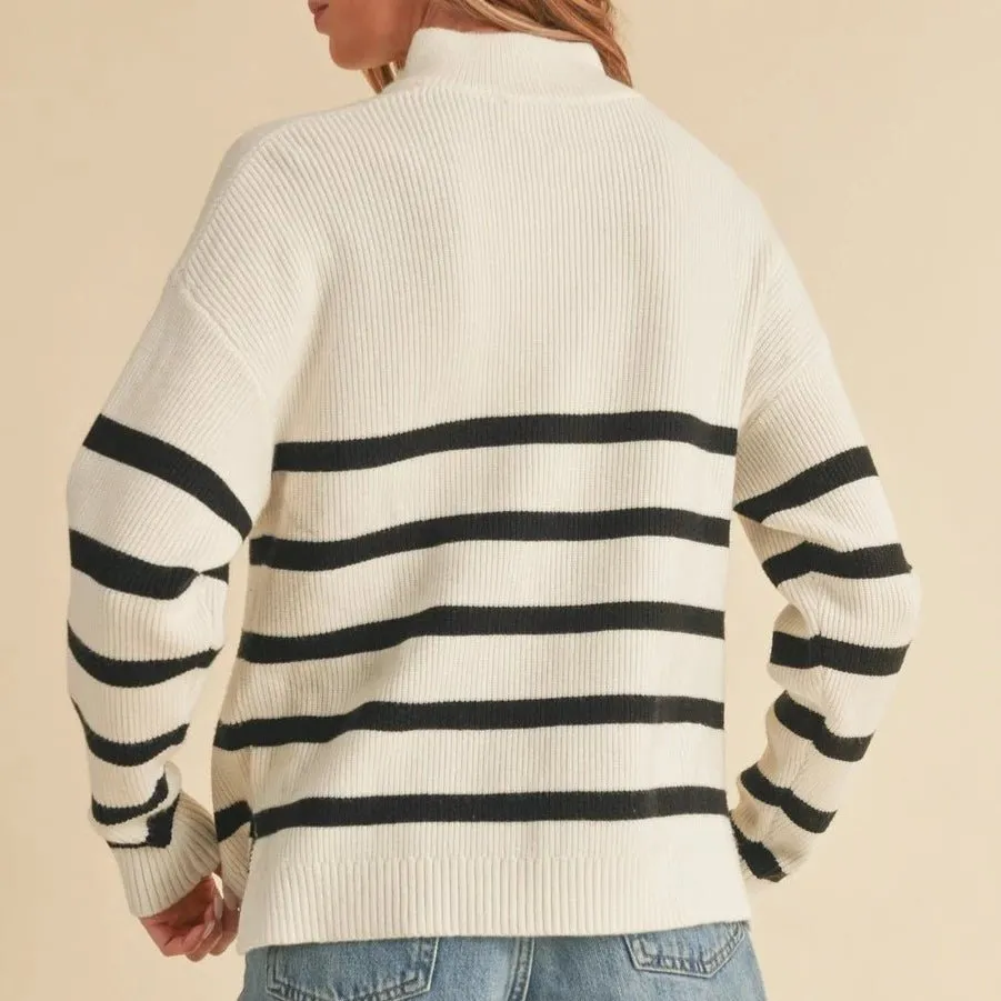 Stripe Rib Half Zip in Black and White Stripe