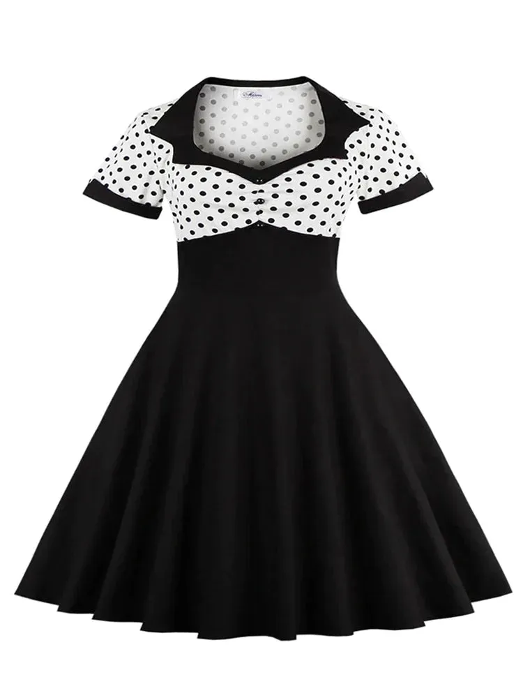 Sweetheart Neck High Waist 50s Vintage Women Long Dress Polka Dot and Black Swing Ladies Dresses with 3XL 4XL