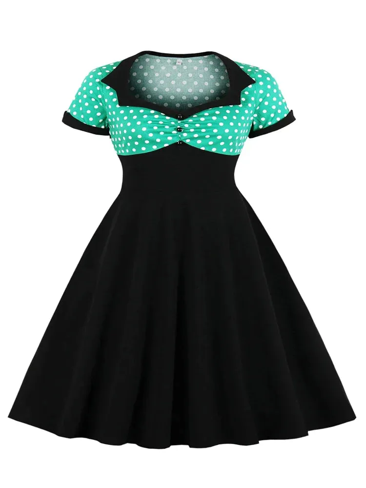 Sweetheart Neck High Waist 50s Vintage Women Long Dress Polka Dot and Black Swing Ladies Dresses with 3XL 4XL