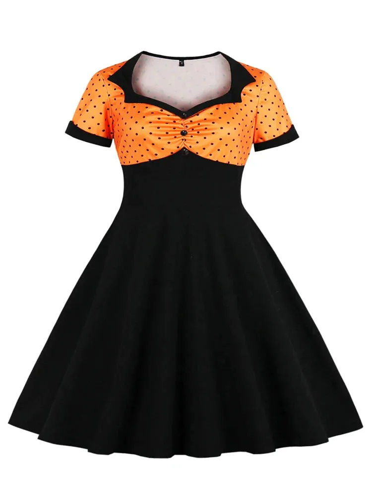 Sweetheart Neck High Waist 50s Vintage Women Long Dress Polka Dot and Black Swing Ladies Dresses with 3XL 4XL