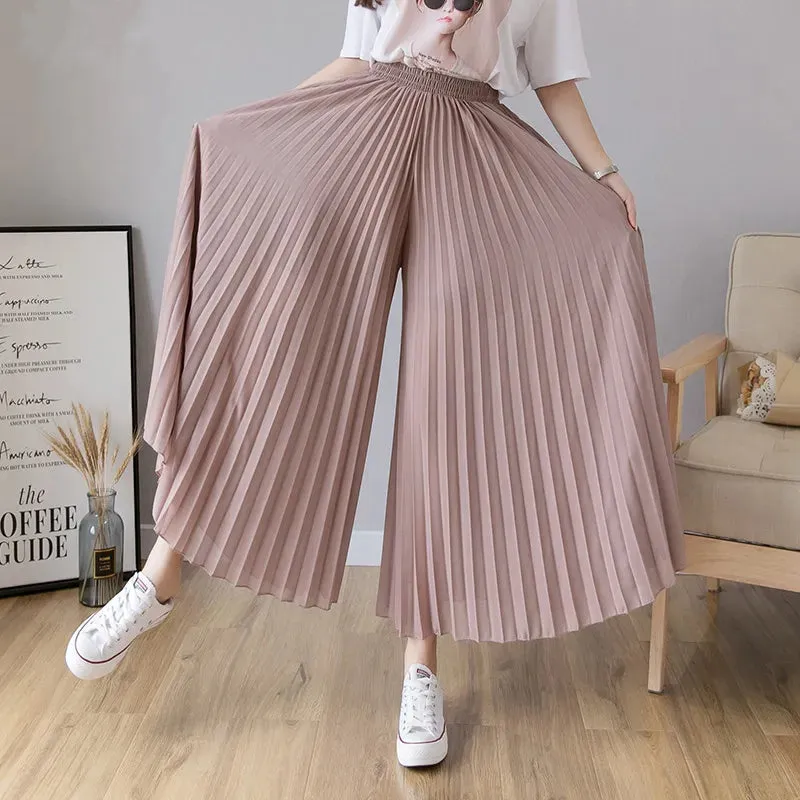 Thin Chiffon Pleated  High waist Elastic Wide-leg pants