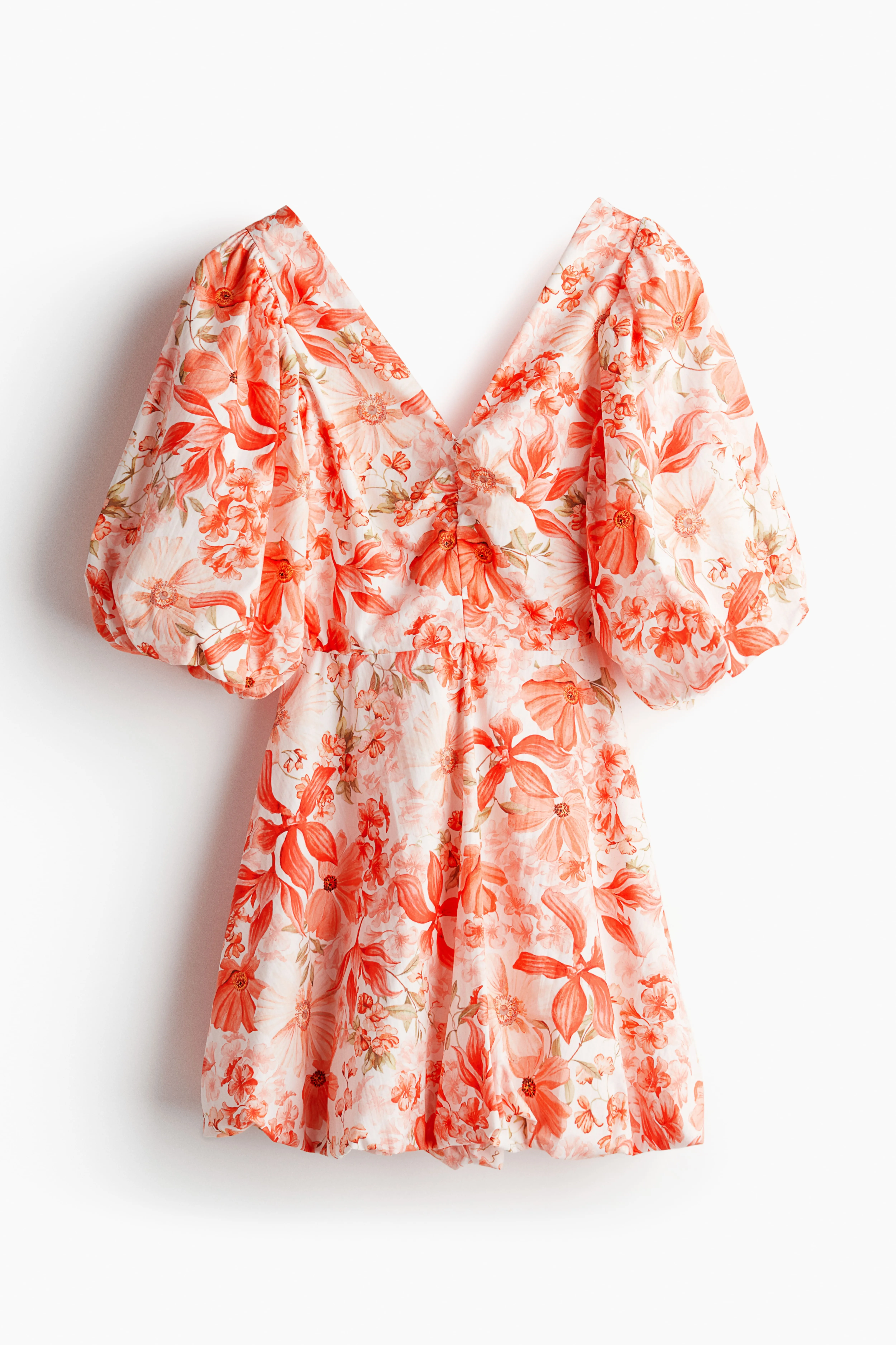 Tie-back puffy dress - V-neck - Short sleeve - Coral red/Floral - Ladies | H&M GB