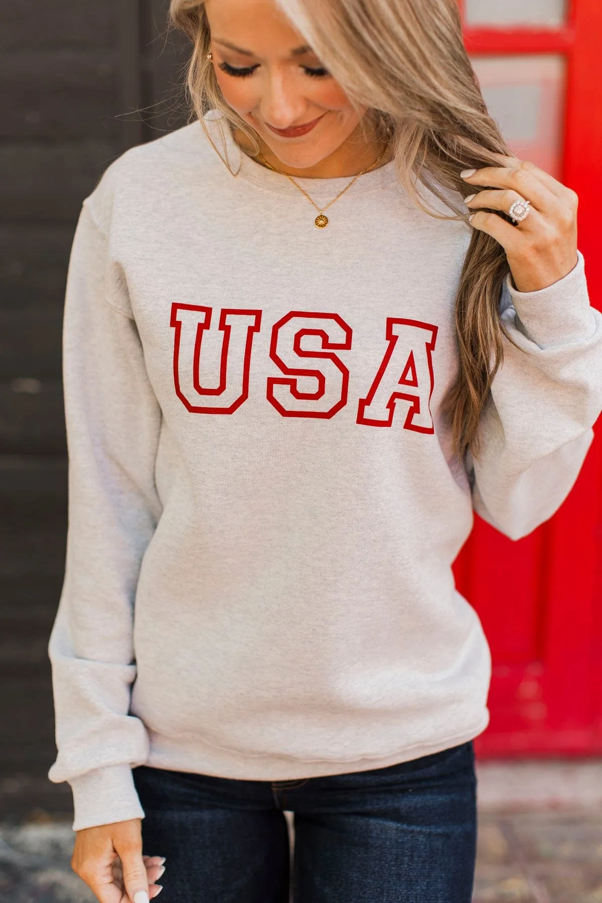 USA Graphic Crew Neck Pullover- Heather Oatmeal