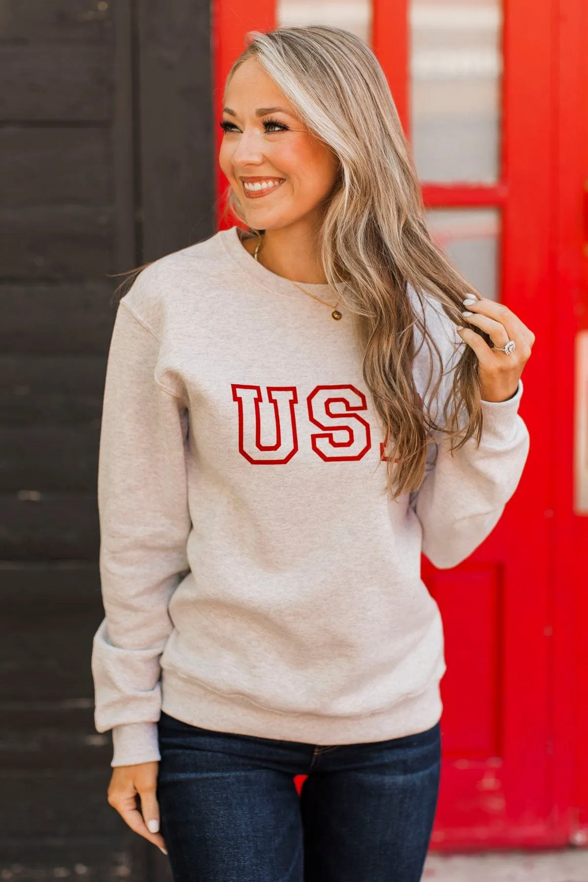 USA Graphic Crew Neck Pullover- Heather Oatmeal