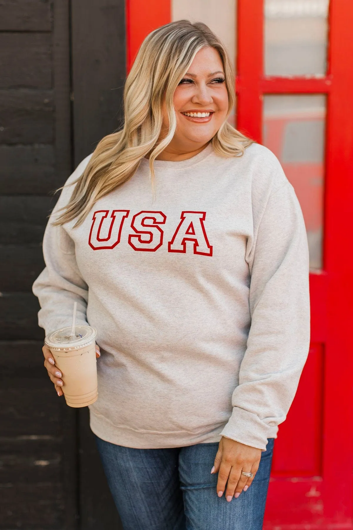 USA Graphic Crew Neck Pullover- Heather Oatmeal