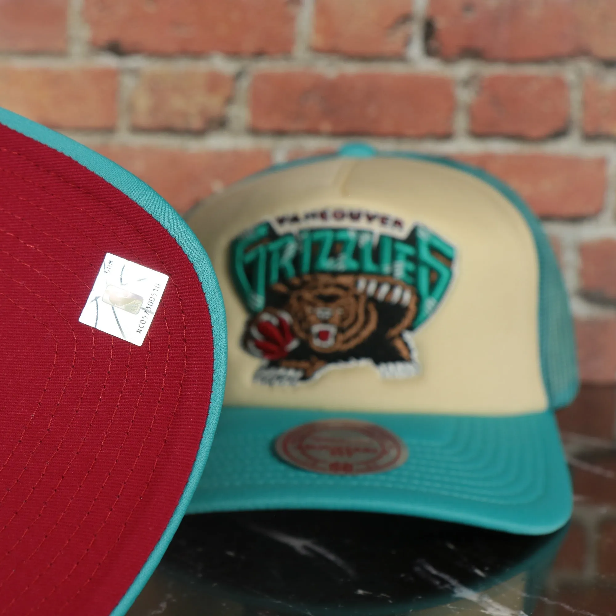 Vancouver Grizzlies Vintage 1995 Grizzlies side patch red Bottom 2-Tone Foam Trucker Hat | Turquoise/Off-White Mitchell and Ness