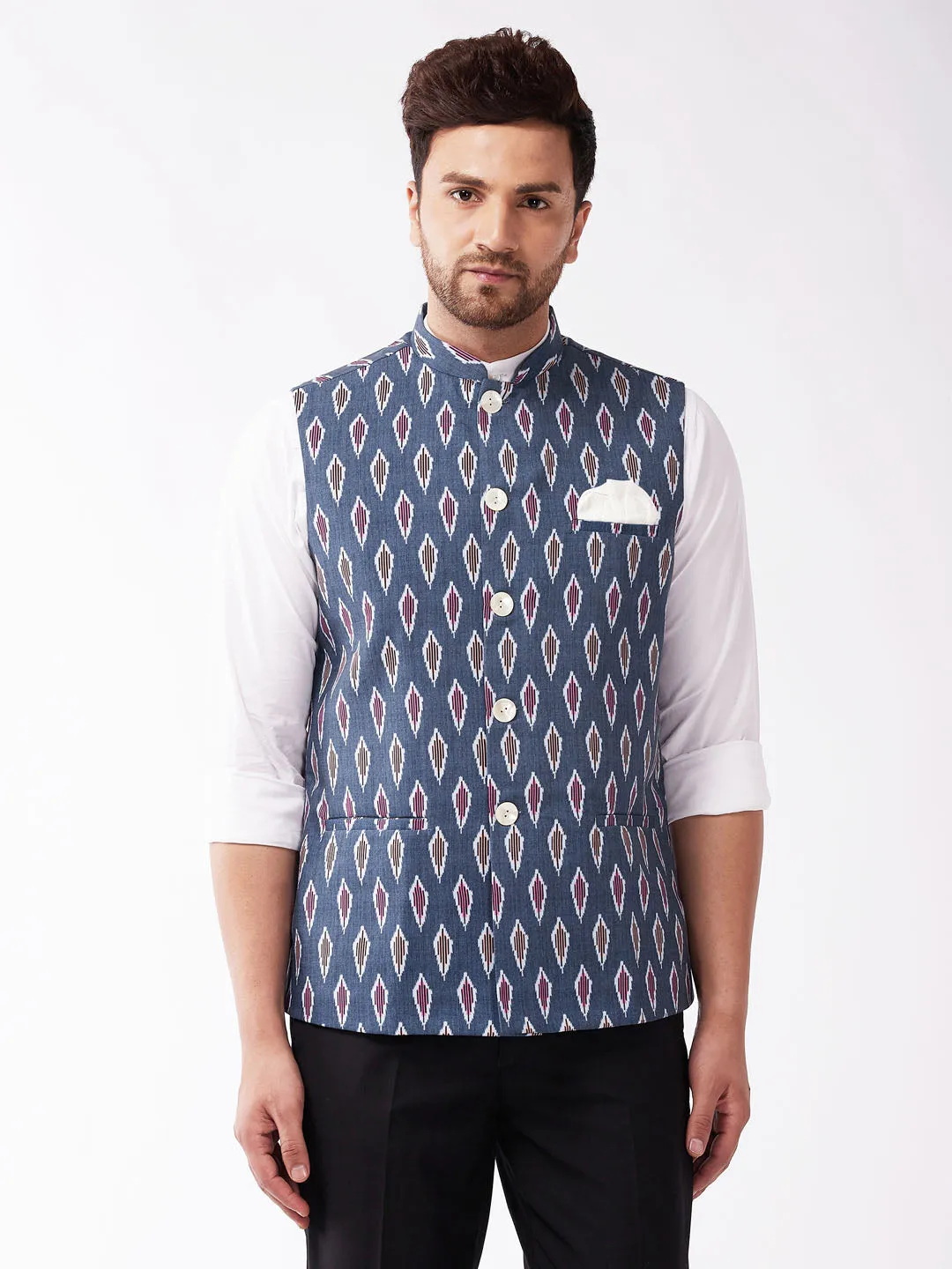 VASTRAMAY Men's Multicolor -Base-Grey Cotton Blend Nehru Jacket