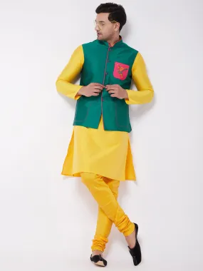 VASTRAMAY Men's Yellow Silk Blend Kurta And Pyjama With Green Embroidered Nehru Jacket