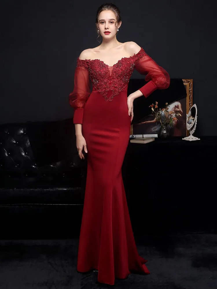 Women See through Tulle Long Sleeve Party Dress Elegant Satin Appliques Beading Evening Dress