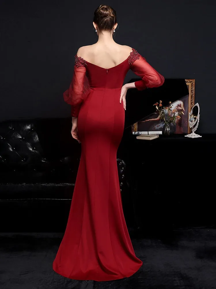 Women See through Tulle Long Sleeve Party Dress Elegant Satin Appliques Beading Evening Dress