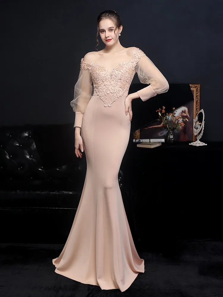 Women See through Tulle Long Sleeve Party Dress Elegant Satin Appliques Beading Evening Dress