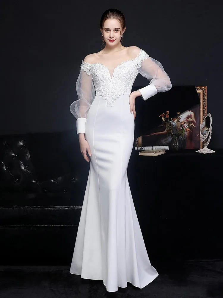 Women See through Tulle Long Sleeve Party Dress Elegant Satin Appliques Beading Evening Dress