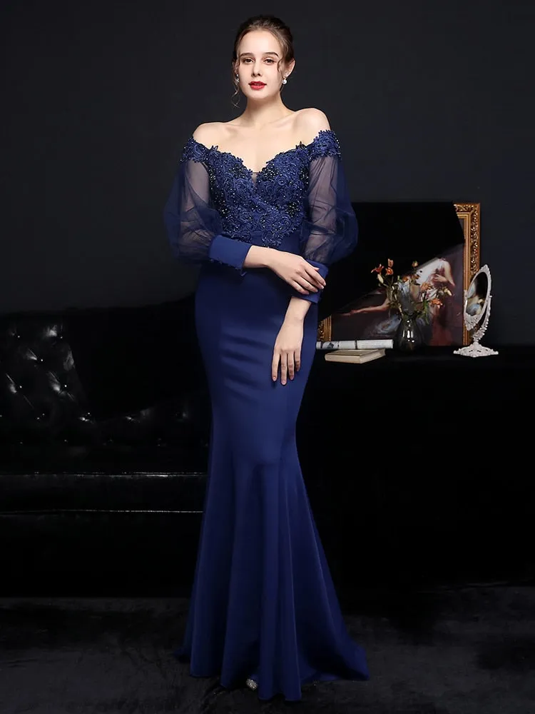 Women See through Tulle Long Sleeve Party Dress Elegant Satin Appliques Beading Evening Dress