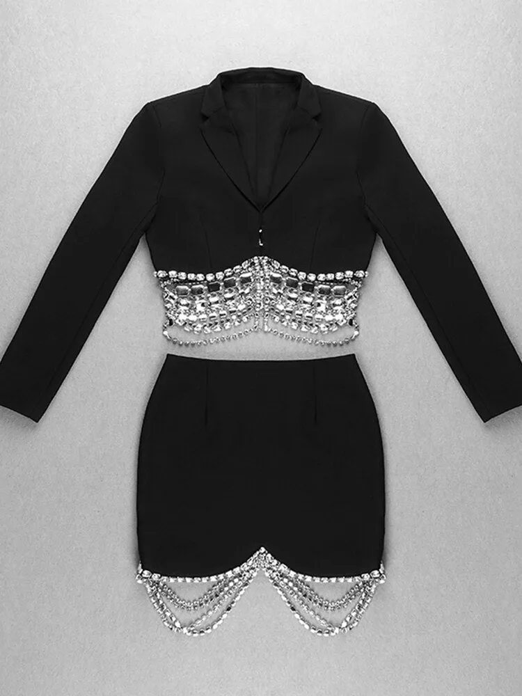 Women's Diamond Strass Chain Beaded Short Blazer Skirt Two-Piece Set