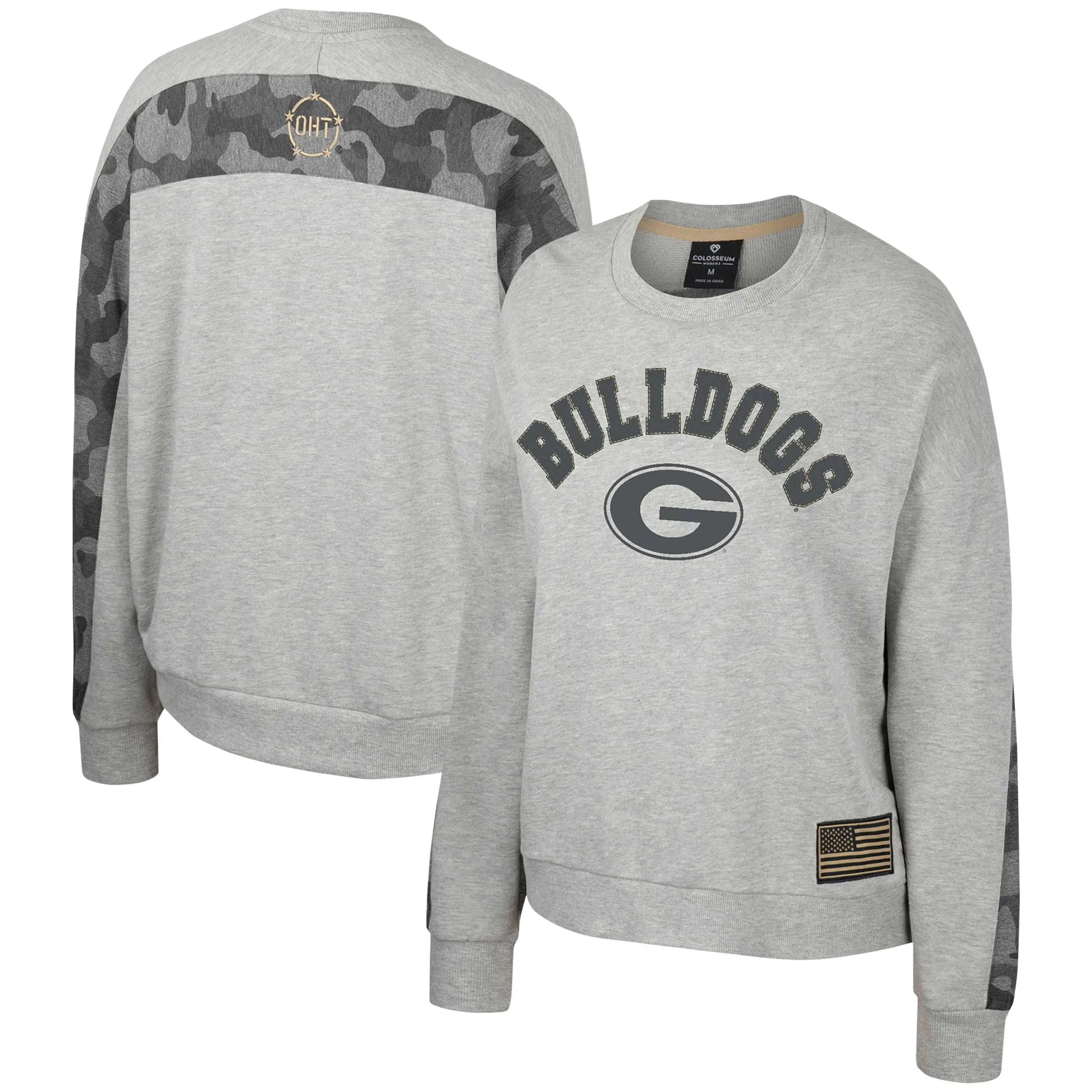 Women's Colosseum Heather Gray Georgia Bulldogs OHT Military Appreciation Flag Rank Dolman Pullover Sweatshirt