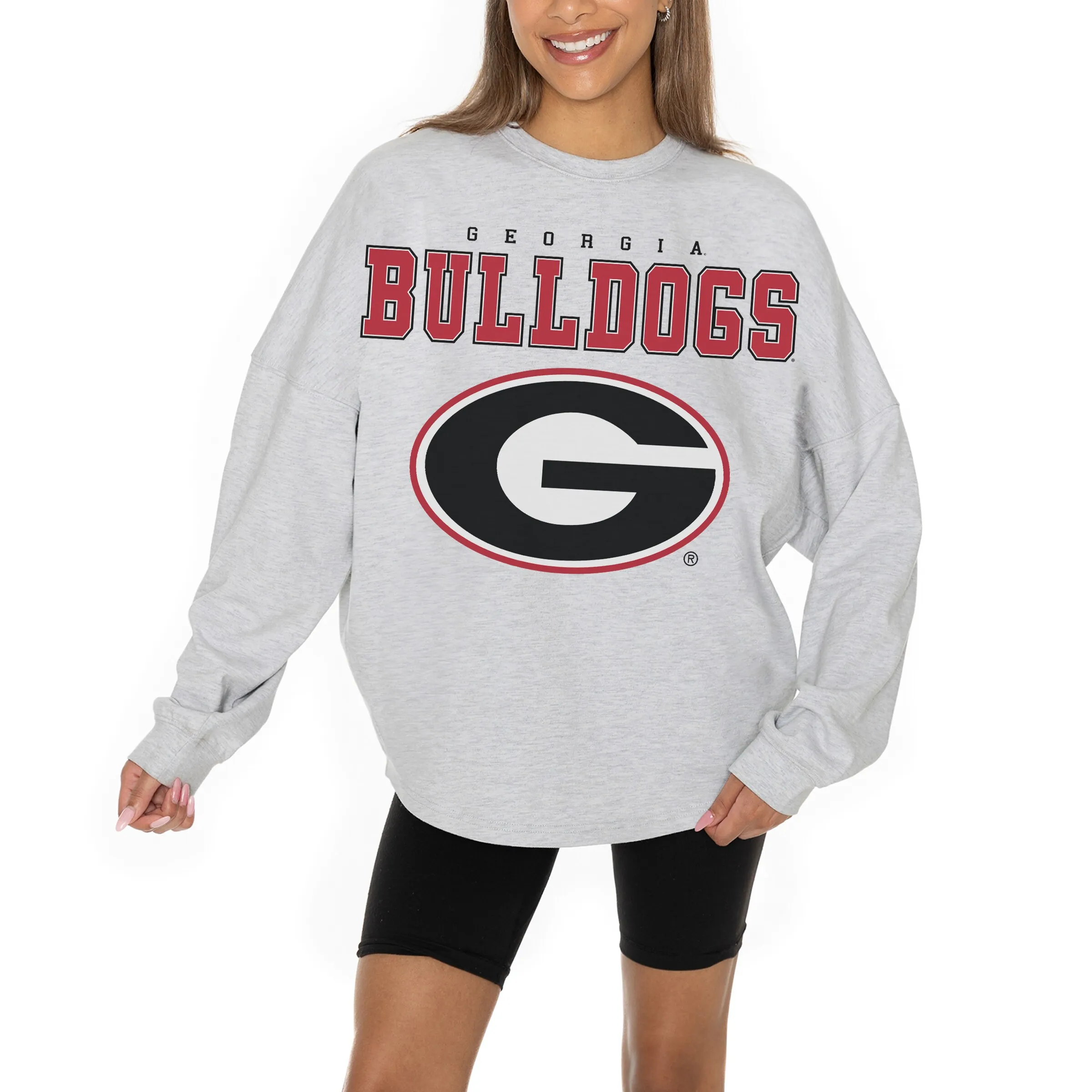 Women's Gameday Couture Ash Georgia Bulldogs Big Goals Relaxed Fit French Terry Pullover Sweatshirt