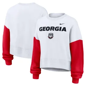 Women's Nike White Georgia Bulldogs Colorblock Fleece Oversized Copped Pullover Sweatshirt