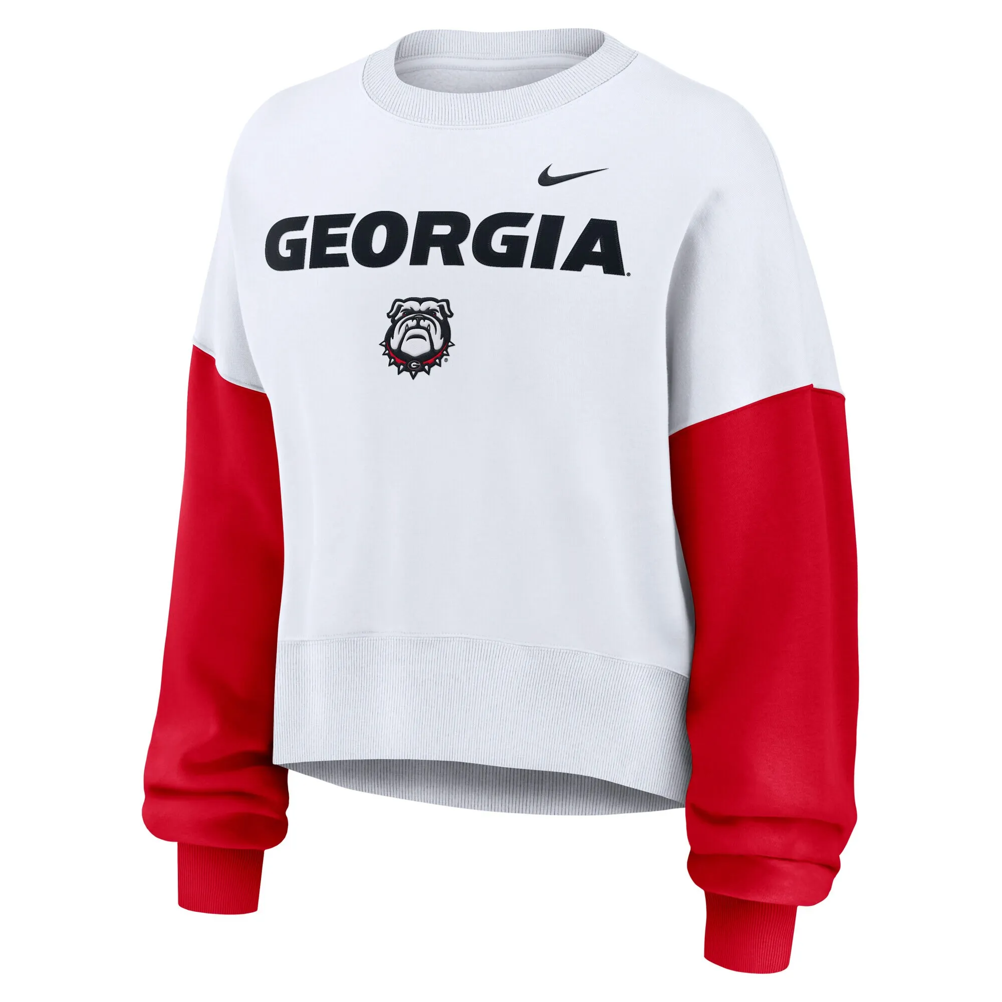 Women's Nike White Georgia Bulldogs Colorblock Fleece Oversized Copped Pullover Sweatshirt