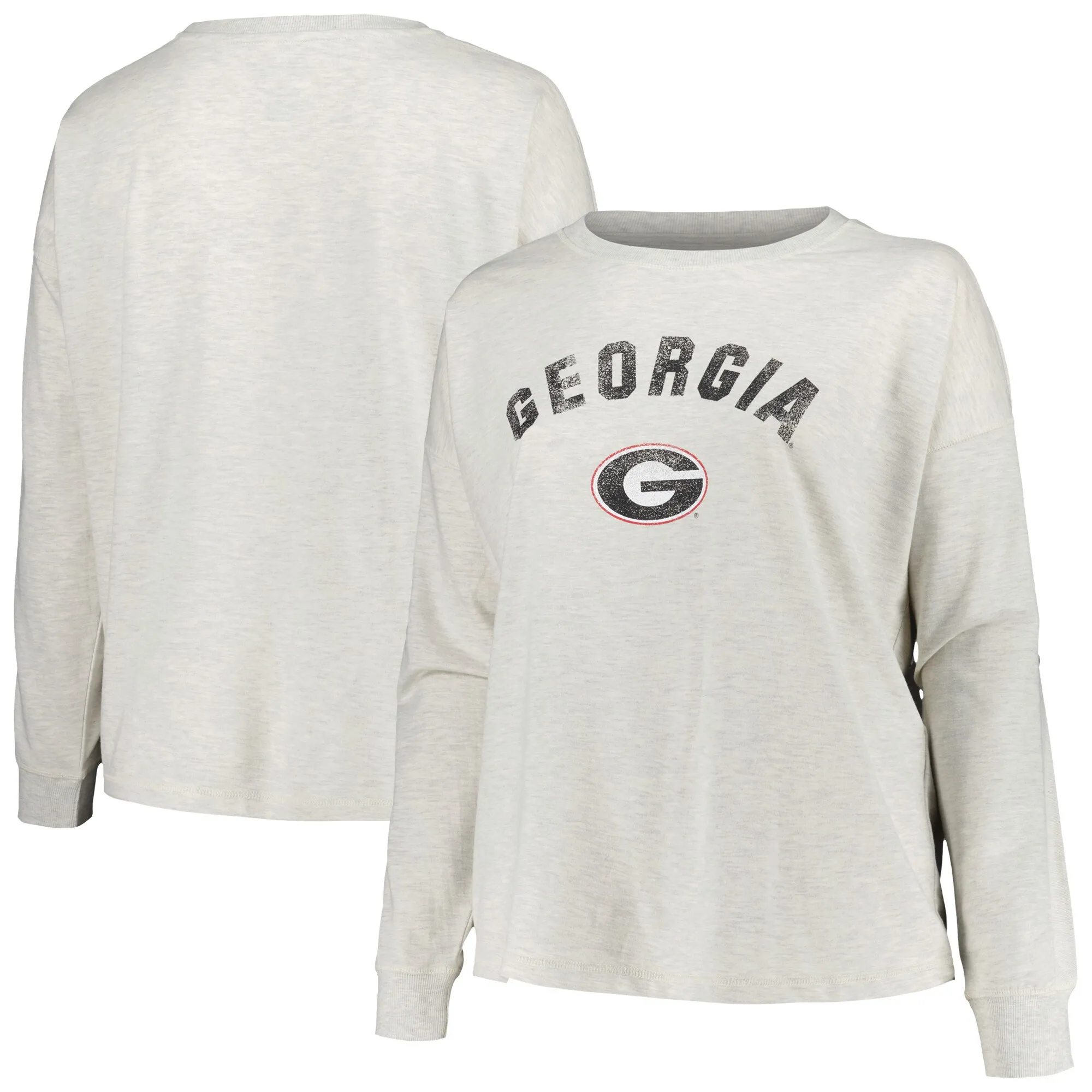 Women's Profile Oatmeal Georgia Bulldogs Plus Size Distressed Arch Over Logo Neutral Boxy Pullover Sweatshirt