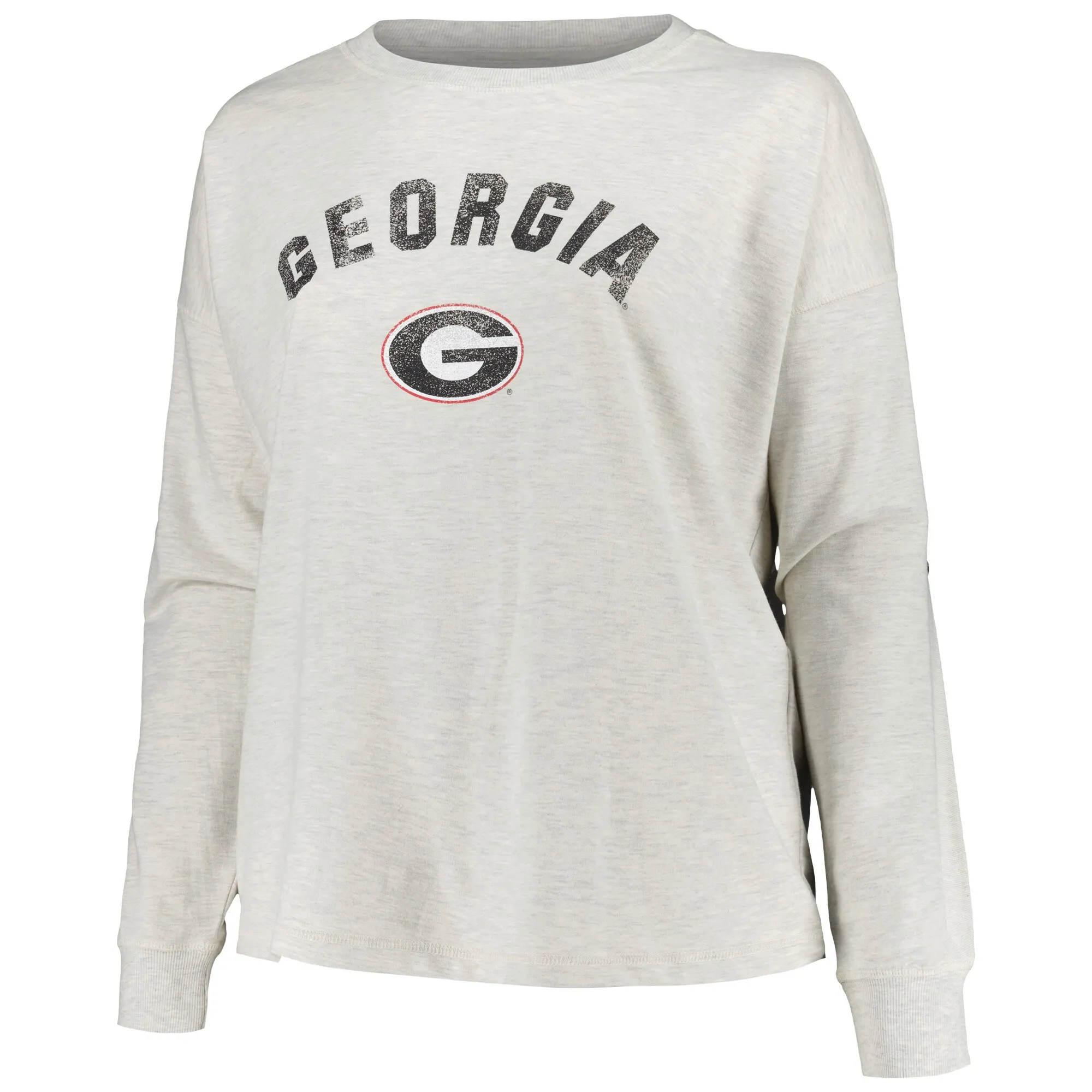 Women's Profile Oatmeal Georgia Bulldogs Plus Size Distressed Arch Over Logo Neutral Boxy Pullover Sweatshirt