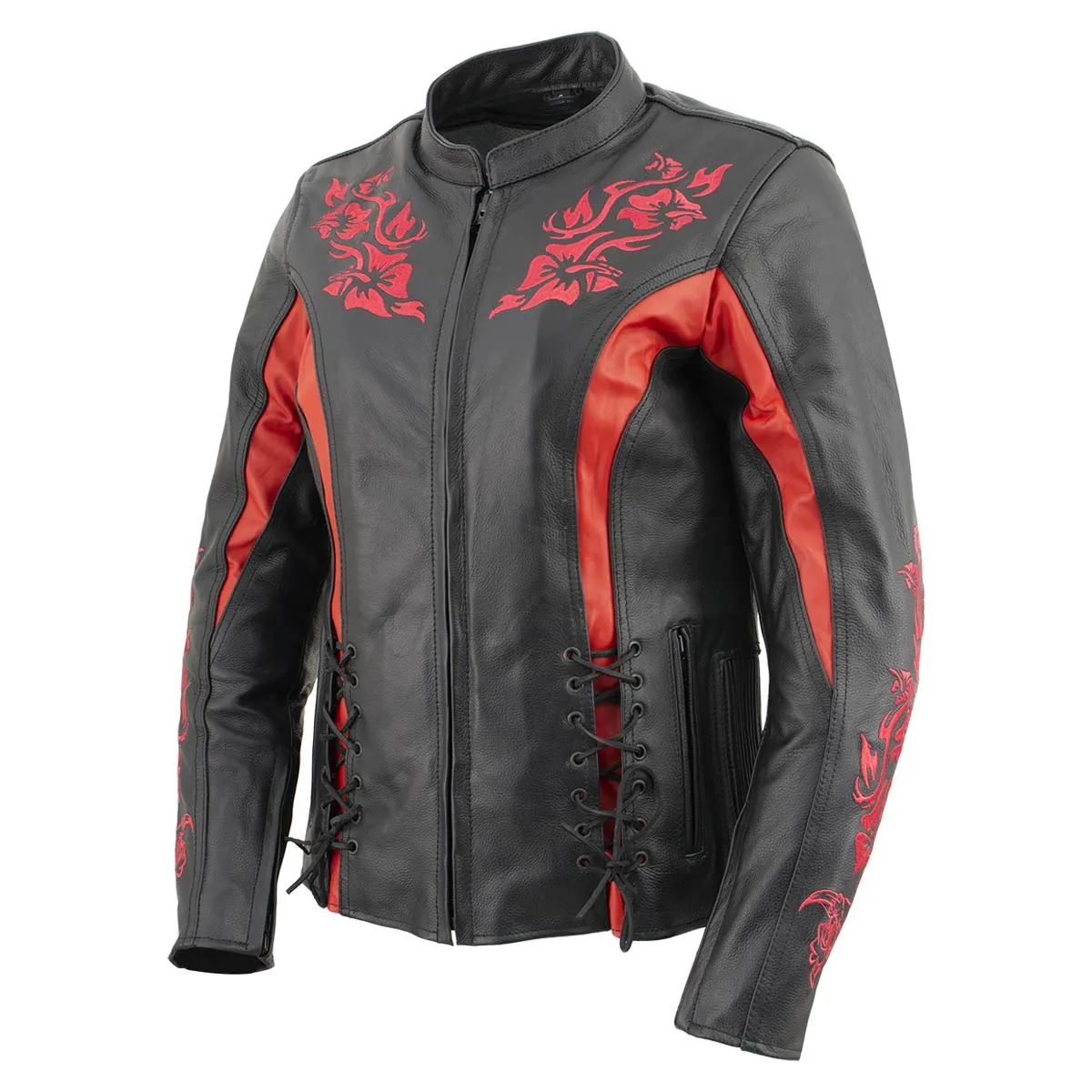 Xelement XS2029 Women's 'Gemma' Black and Red Leather Embroidered Jacket with X-Armor