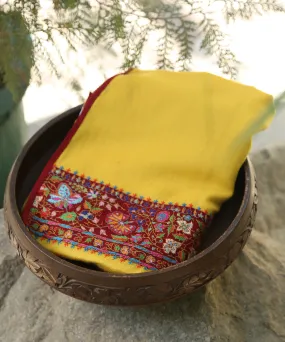 Yellow Handwoven Pure Pashmina Kalamkari Stole With Hand Appliqued Border And Soznikari