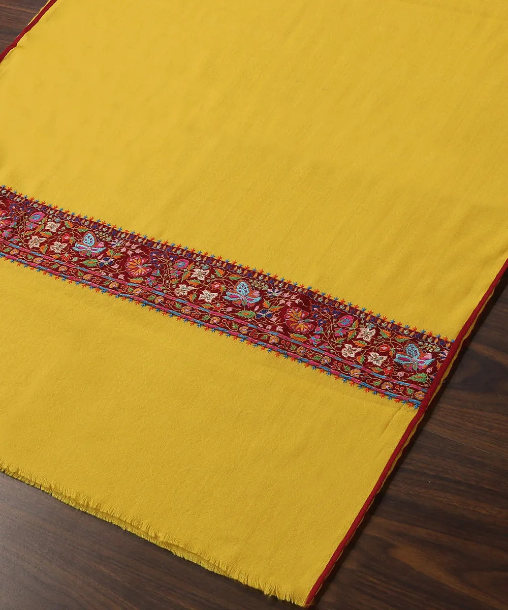 Yellow Handwoven Pure Pashmina Kalamkari Stole With Hand Appliqued Border And Soznikari