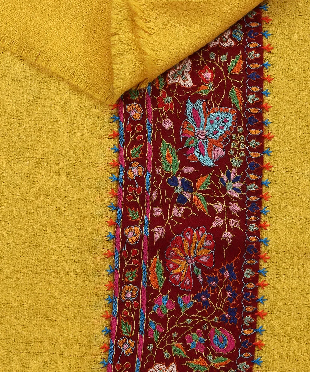 Yellow Handwoven Pure Pashmina Kalamkari Stole With Hand Appliqued Border And Soznikari