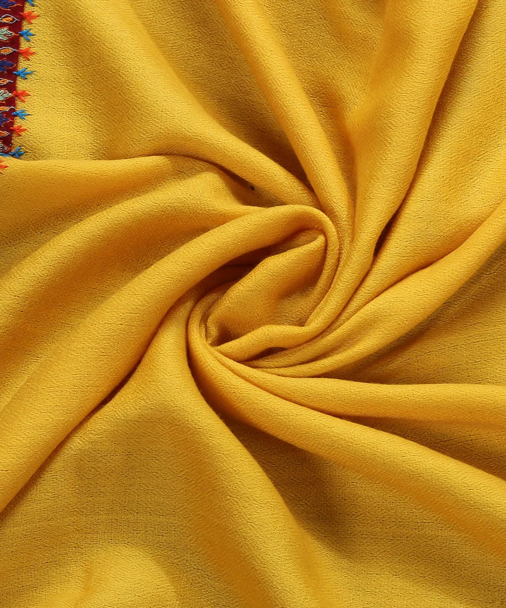 Yellow Handwoven Pure Pashmina Kalamkari Stole With Hand Appliqued Border And Soznikari