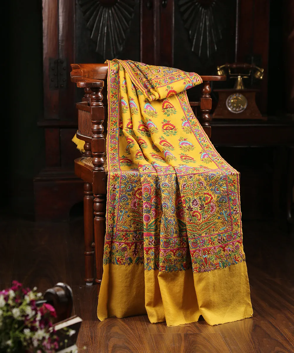 Yellow Handwoven Pure Pashmina Shawl With Kalamkari And Sozni kari