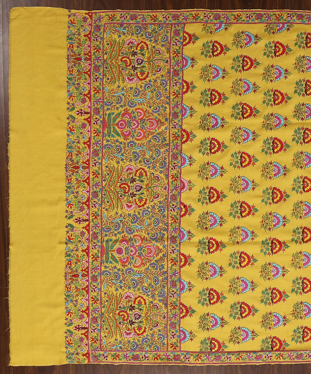 Yellow Handwoven Pure Pashmina Shawl With Kalamkari And Sozni kari