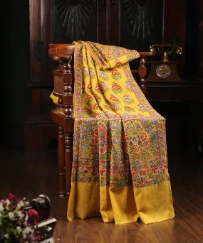 Yellow Handwoven Pure Pashmina Shawl With Kalamkari And Sozni kari