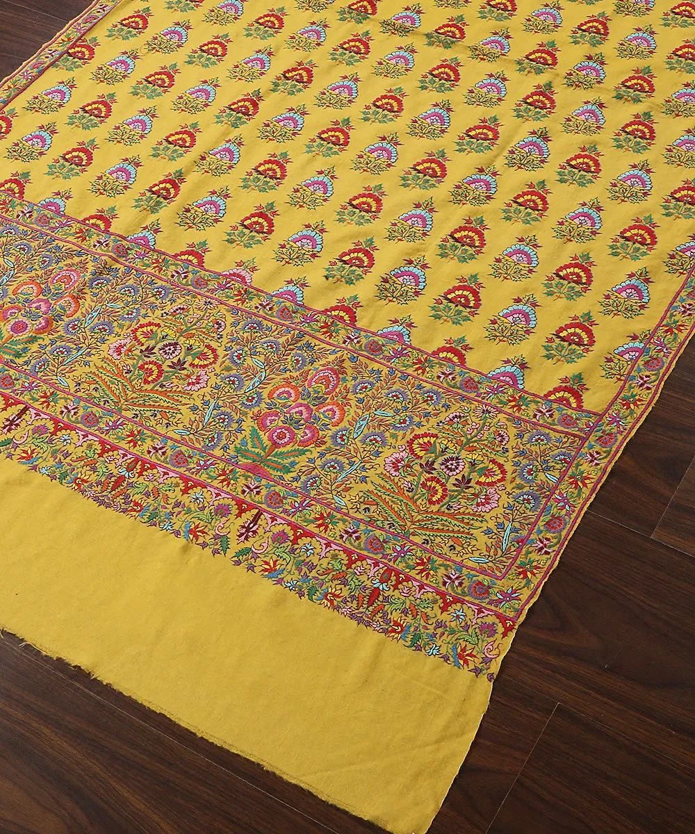 Yellow Handwoven Pure Pashmina Shawl With Kalamkari And Sozni kari