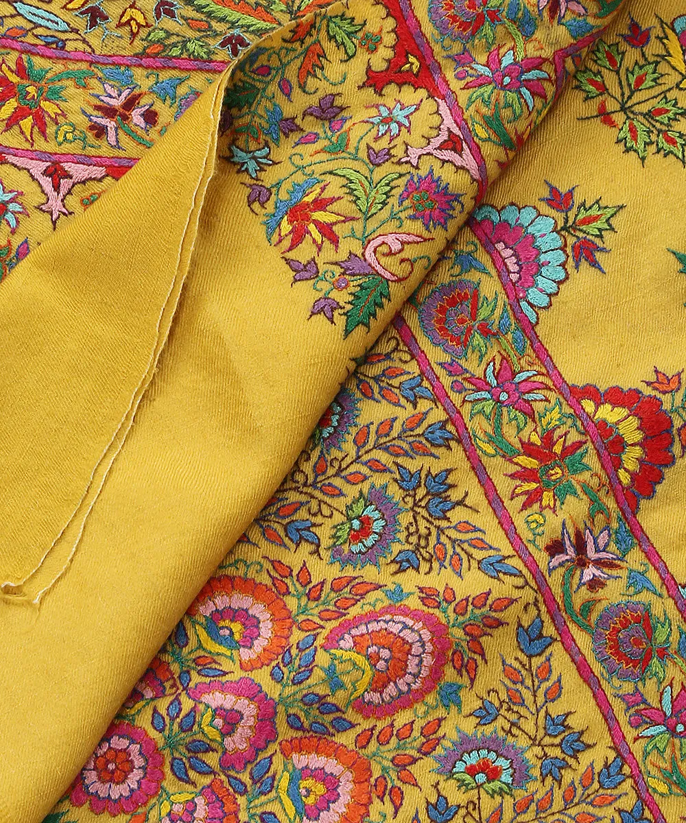 Yellow Handwoven Pure Pashmina Shawl With Kalamkari And Sozni kari