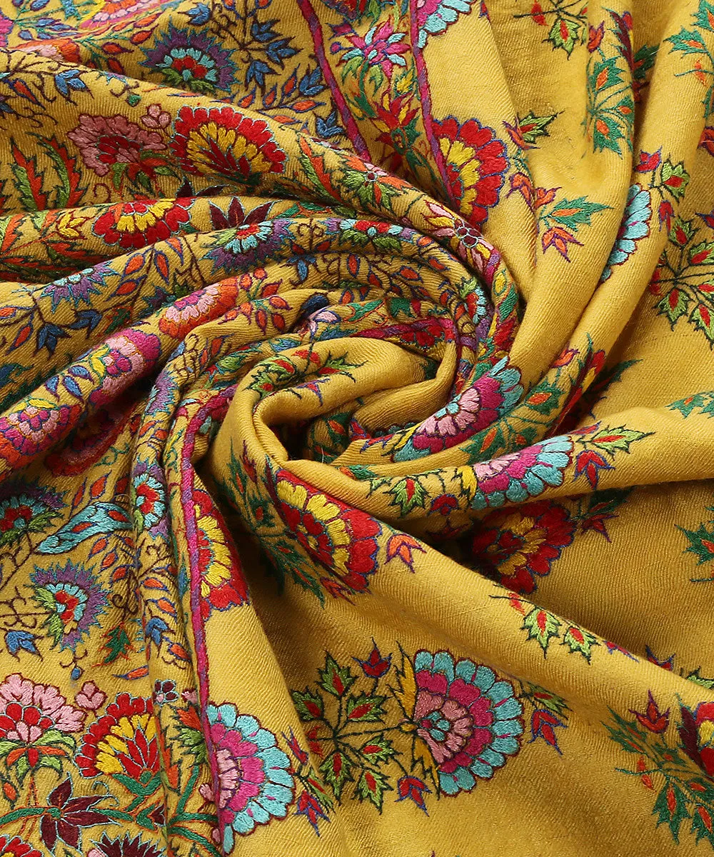 Yellow Handwoven Pure Pashmina Shawl With Kalamkari And Sozni kari