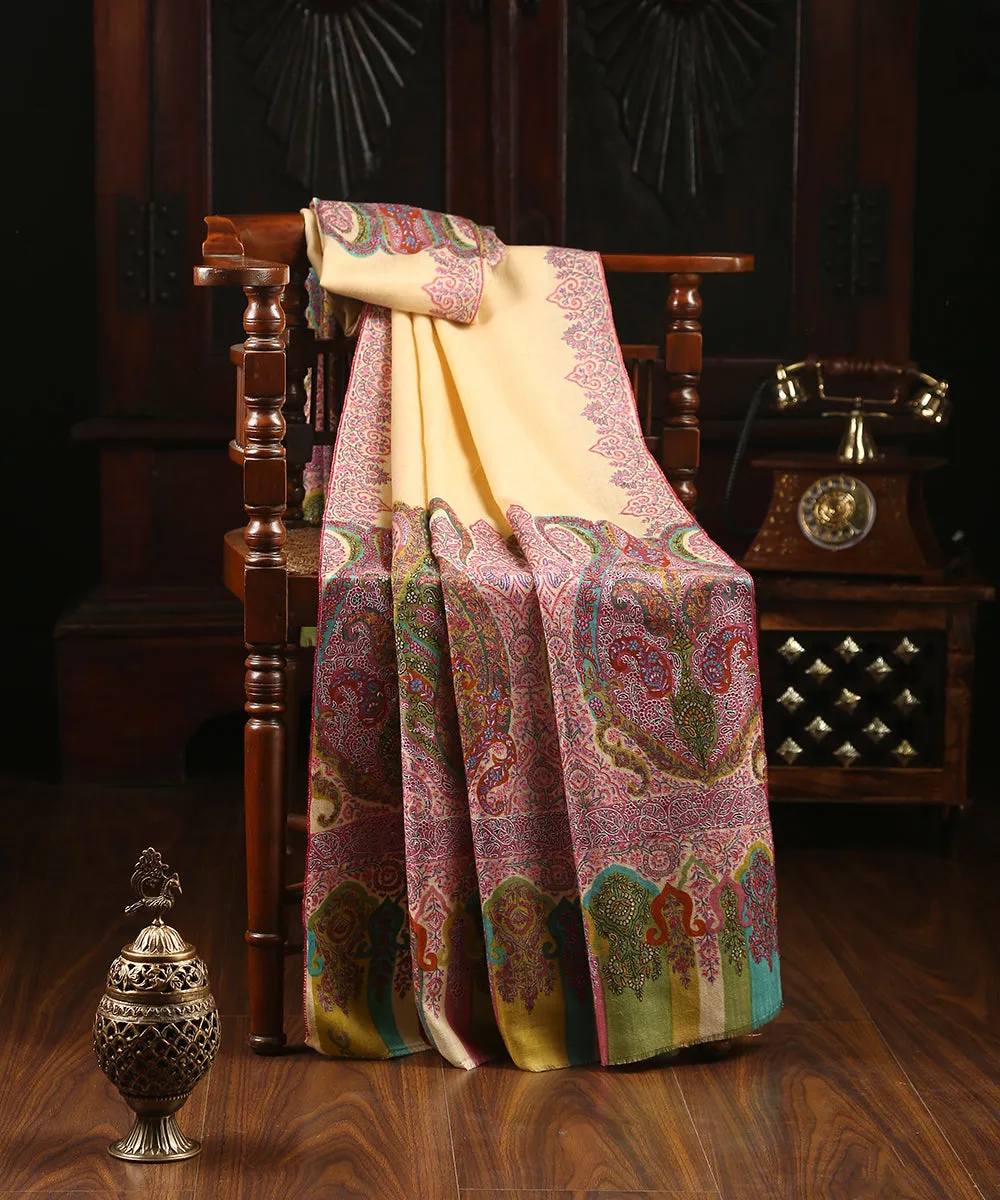 Yellow Handwoven Pure Pashmina Shawl with Kalamkari and Sozni Work